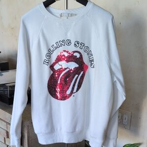 H&M X Rolling Stones White Sweatshirt with Red Sequin Logo
